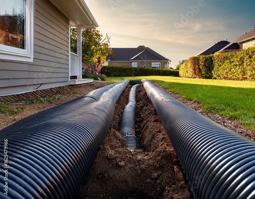 french drain installation for rainwater drainage around house