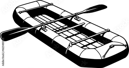 Raft and Paddle on Water: A minimalist illustration of a sturdy raft, ready to navigate the water, with a paddle resting on the surface. Embodying adventure and exploration.
