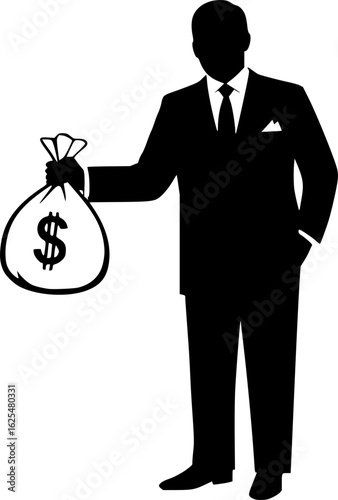 Financial Power Silhouette: A bold, stylized illustration of a well-dressed figure, exuding financial authority as they hold a bulging money bag emblazoned with a dollar sign.
