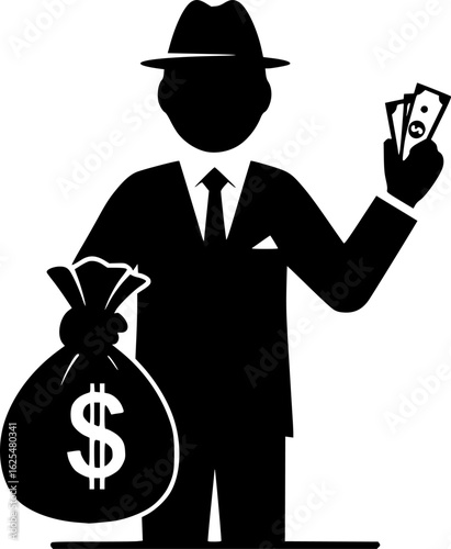 Financial Power Silhouette: A bold, stylized illustration of a well-dressed figure, exuding financial authority as they hold a bulging money bag emblazoned with a dollar sign.