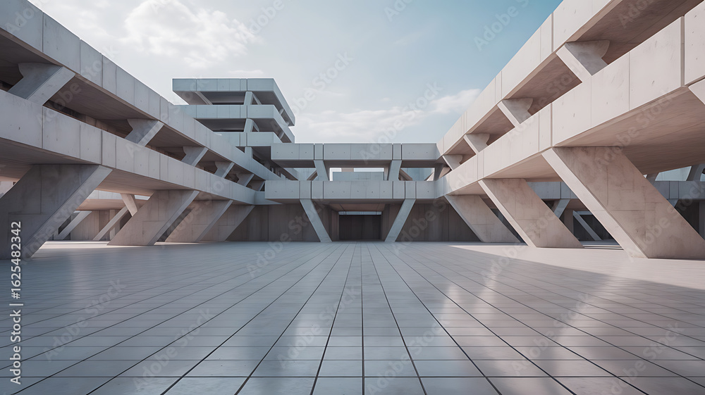 Obraz premium Modern concrete architecture, spacious courtyard, minimalist design. 
