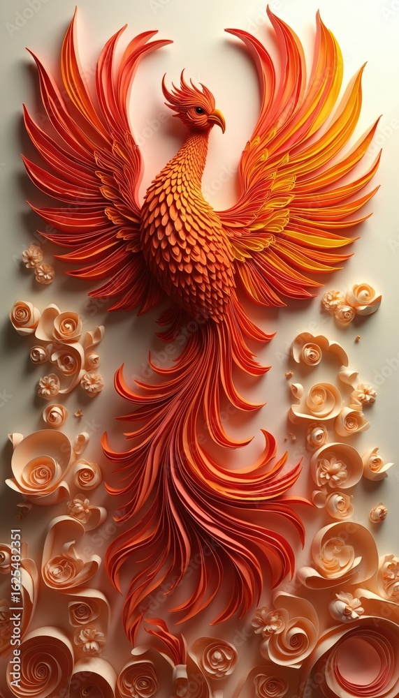 Obraz premium Fiery phoenix crafted from paper quilling art. Intricate detail, vibrant orange, red hues. Mythical creature with flowing feathers, ornate floral paper elements. Rebirth, power, transformation in