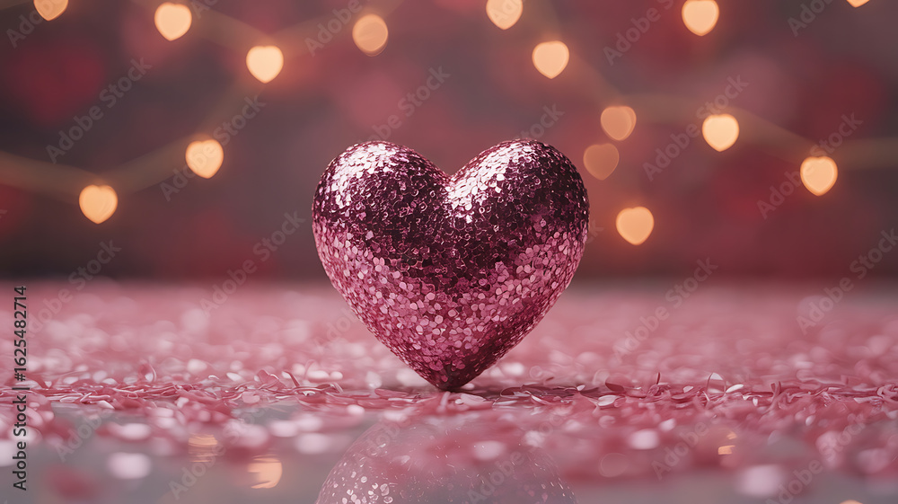 Fototapeta premium Pink heart, glitter, romantic lights.