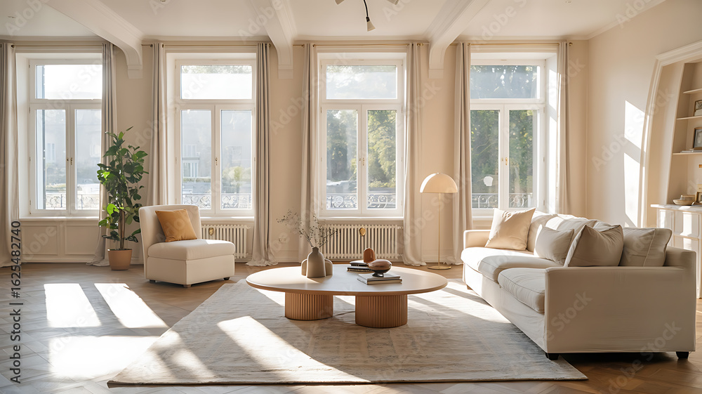 Fototapeta premium Bright, airy living room with beige tones and large windows. 