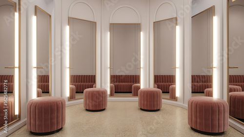 Elegant dressing room with blush pink accents and mirrors.

