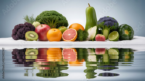 Assortment of colorful fruits and vegetables reflected in water.
