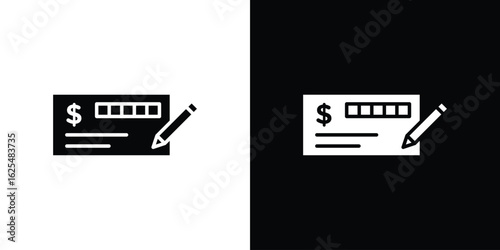Signing cheque icon collection. Black and white filled vector illustration.