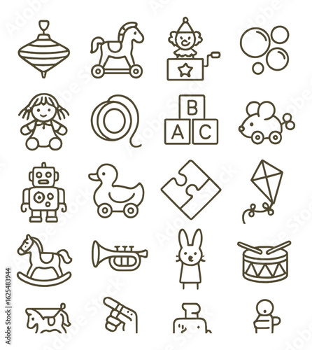 Toys linear icon set. containing top, horse, clown, bubbles, doll, rope, blocks, mouse, robot, duck, puzzle, kite, trumpet, rabbit, drum.