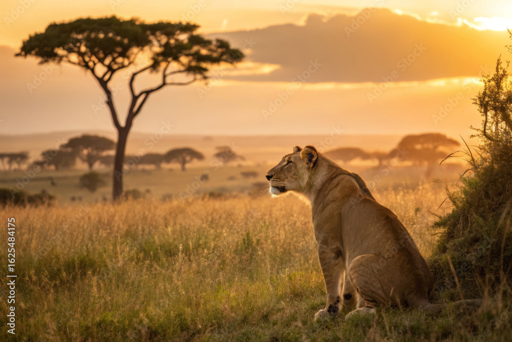 Lioness sitting calmly on grassy savanna during golden hour sunset with warm dramatic African landscape wildlife scene Lioness sitting calmly on grassy savanna during golden hour sunset with warm dramatic African landscape wildlife scene