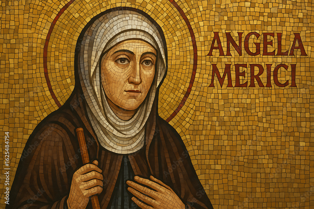 Naklejka premium Mosaic portrait of Saint Angela Merici religious figure sacred art Catholic saint spiritual icon historical church background classical detailed tile pattern worship divine prayer holy Christian femal