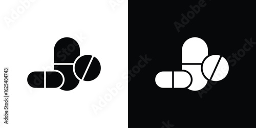 Medicine pills icon collection. Black and white filled vector illustration.
