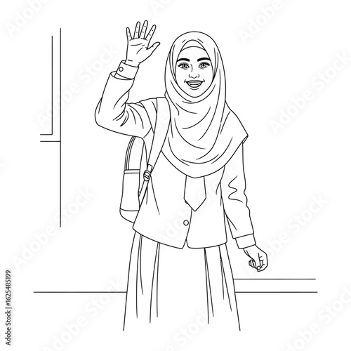 A friendly Muslim teenage student in a hijab smiles and waves. Vector outline graphic illustration perfect for a coloring book page
