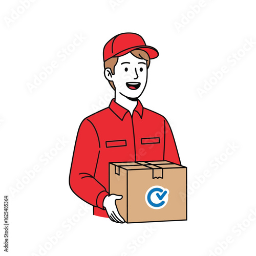 Cheerful Delivery Man Holding Cardboard Box Fast and Reliable Package Service