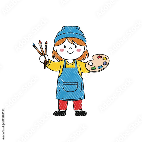 A cheerful young artist proudly displays paintbrushes and a palette, ready to create.
