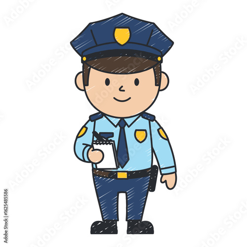 Cartoon illustration of a police officer holding a notepad.