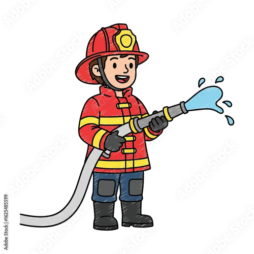 Cartoon firefighter holding a water hose, spraying water.