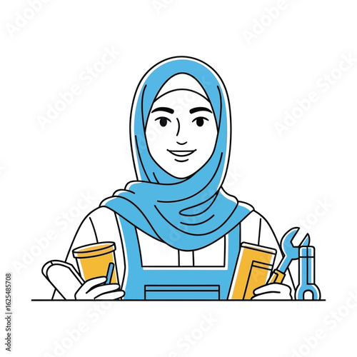Illustration of a smiling woman wearing a hijab and overalls, holding tools and a container.