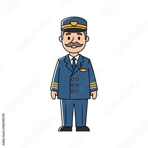 A cartoon illustration of a uniformed man, likely a pilot or train conductor, standing upright.
