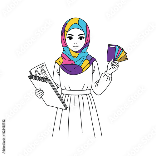 A young woman in a hijab, holding a sketchbook and color swatches, likely a fashion designer or student.
