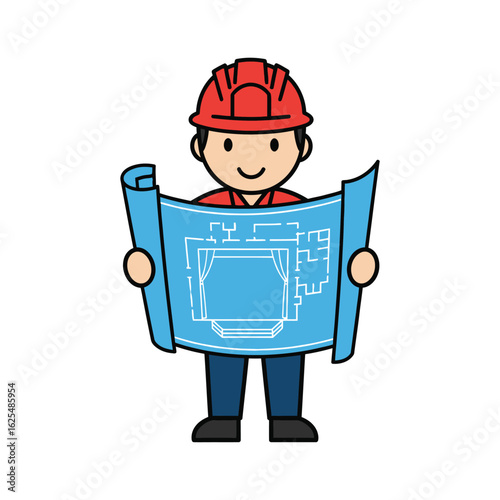 Cartoon architect holding blueprints for a building design.