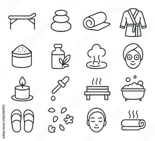 Spa linear icon set: massage table, stones, towel, robe, oil, face mask, candle, bath, slippers, relaxation
