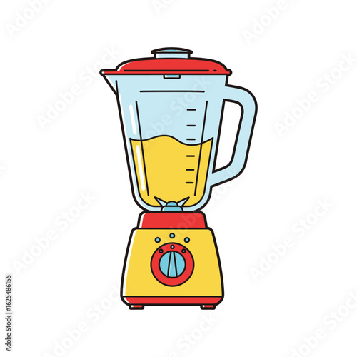 A vibrant yellow and red blender filled with a yellow liquid, ready to blend.