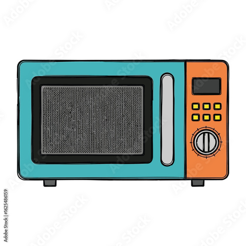 A cartoon illustration of a turquoise and orange microwave oven, ready for use.