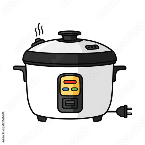 A white rice cooker steaming, with a digital display and power cord.