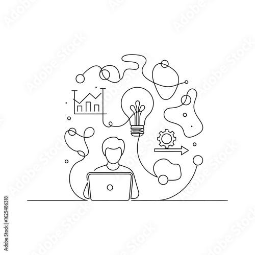 One Line Drawing of Person Working on Laptop with Ideas and Data Analysis