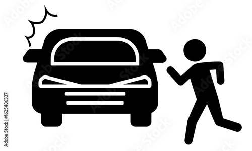 飛び出す人物と急ブレーキをかける車の注意喚起ピクトグラム
