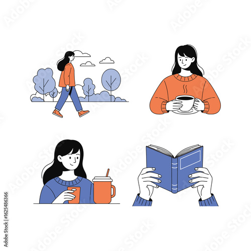 Enjoying Life's Simple Pleasures A Collection of Illustrations Depicting Daily Activities and Moments of Relaxation