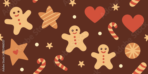 Seamless pattern with hearts and butterflies on a gingerbread Christmas cookie background