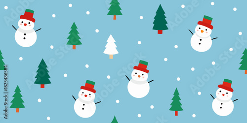 A joyful snowman with a festive hat and scarf stands beside a decorated Christmas tree, a perfect scene for a holiday greeting card