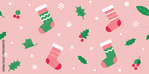A cheerful Christmas pattern with hanging red stockings and holiday gifts, celebrating the winter season