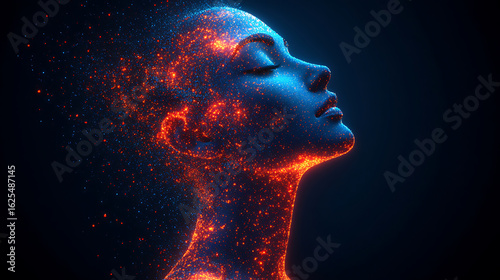 Serene Transformation Abstract Portrait of a Woman Composed of Glowing Particles