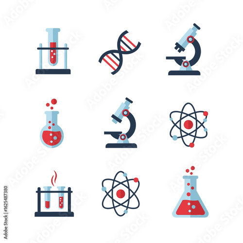 A collection of science icons, including test tubes, DNA, microscopes, atoms, and flasks, all in a flat design style.