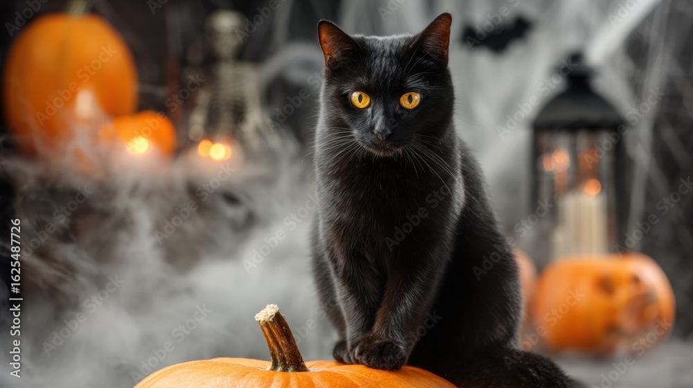 custom made wallpaper toronto digitalBlack cat sitting with pumpkins in a foggy Halloween scene, mysterious atmosphere.