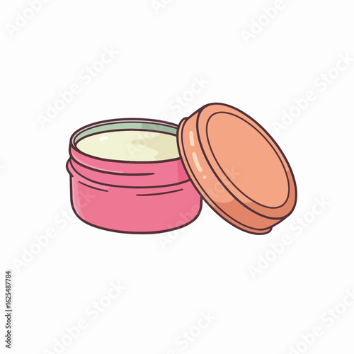 Pink cosmetic jar with open lid and cream inside  