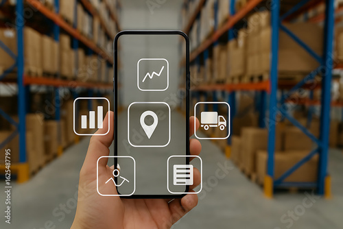 Hand holding smartphone with digital logistics icons in warehouse, smart inventory management system, supply chain tracking, fulfillment analytics interface, data driven delivery optimization, automat