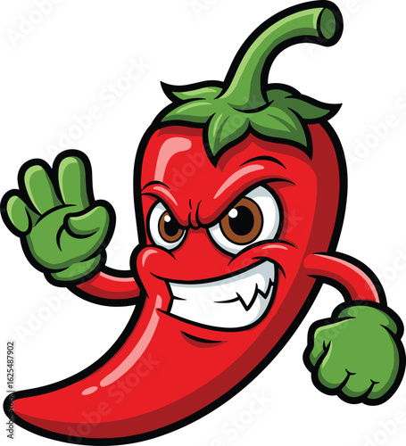 Angry cartoon chili pepper, red vegetable character, green stem and gloves, fighting stance, expressive face, spicy mascot, vector illustration, bold design