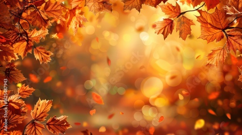 Autumn foliage background with falling leaves and warm sunlight. Orange autumn background. Horizontal banner. Copy space. Free space for text. Back to school