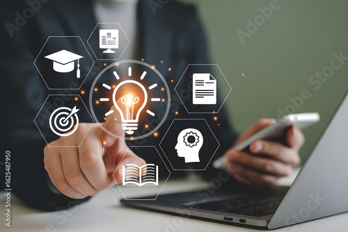 Innovation through Technology: A person pointing at a digital interface with education and idea icons, showing the merging of innovation, technology, and knowledge, sparking inspiration.