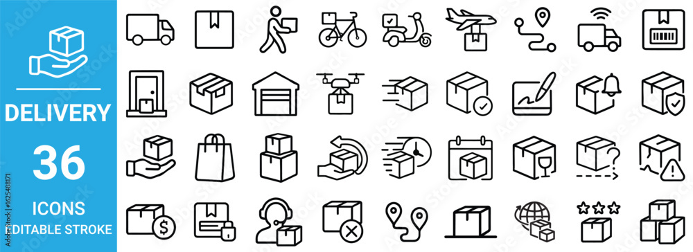 Delivery and Logistics Line Icons Set – 36 Editable Stroke Vector Symbols