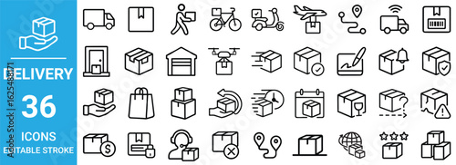 Delivery and Logistics Line Icons Set – 36 Editable Stroke Vector Symbols