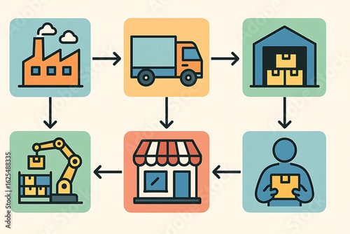 Supply chain process flowchart showing factory production, freight truck transport, warehouse storage, automated robot picking, retail store distribution, and customer delivery network logistics diagr