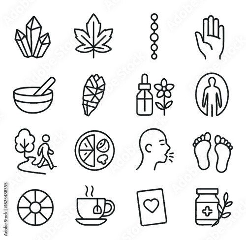 Wellness linear icons set: crystal, leaf, meditation, aroma, yoga, nature, tea, health, medicine, relaxation