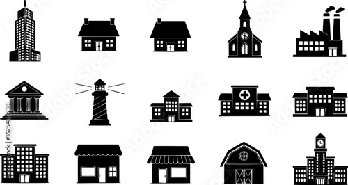 A set of building icon. black silhouette on a white background