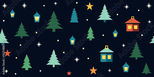 Christmas trees decorate a snowy winter landscape under a starry night sky