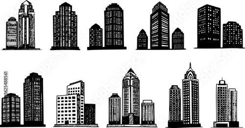 A set of building icon. black silhouette on a white background