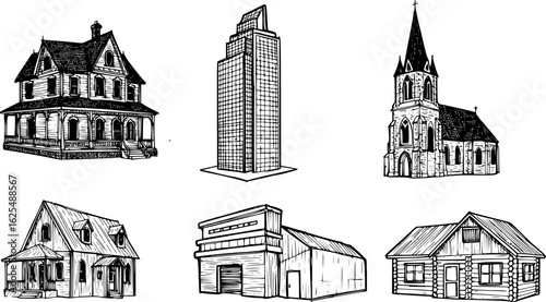 A set of building icon. black silhouette on a white background